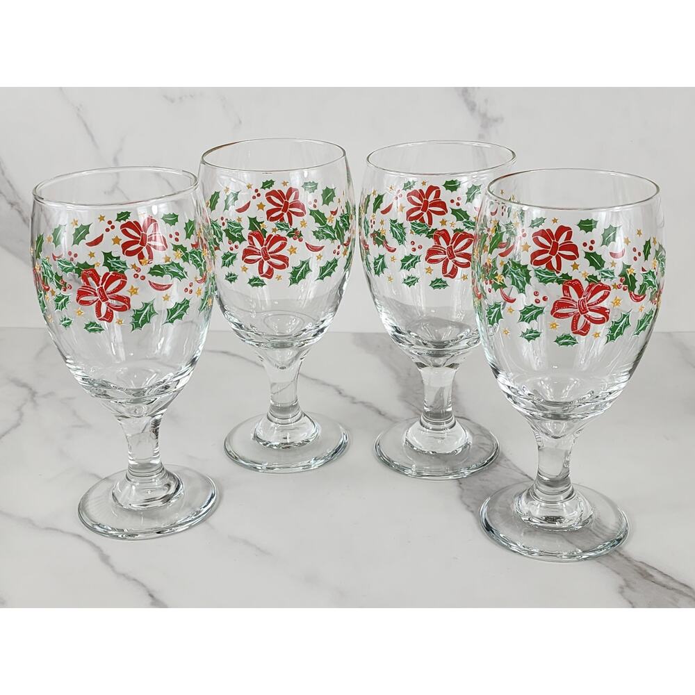 Libbey Christmas Holly and Ribbon Water Goblets 16oz Holiday 80s x4 USA Vintage